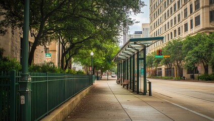 Obraz premium Wide shot of the street in downtown Houston, with a sidewalk featuring a green fence on one side and trees on the other Generative AI