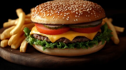 Juicy Cheeseburger with Crispy Fries on a Wooden Plate Perfect for Fast Food and Restaurant Me
