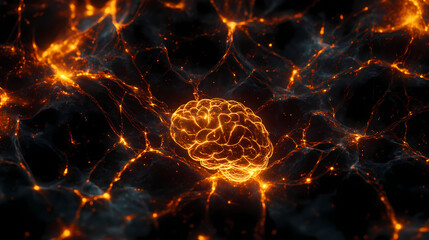 Glowing brain within dark neural network structure. Neural Ember. Illustration