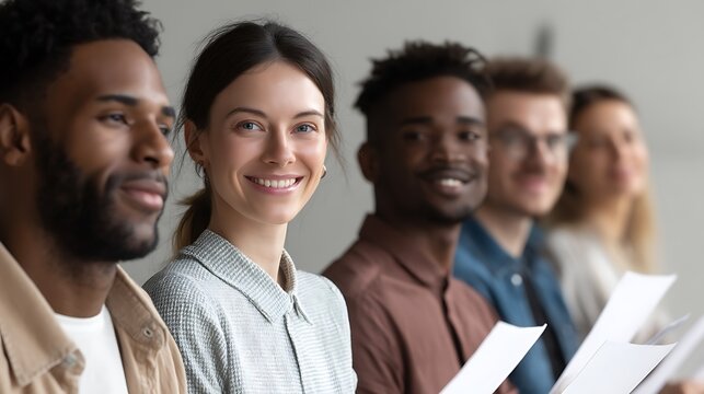 Young diverse group smiling while selecting top candidate for job  
