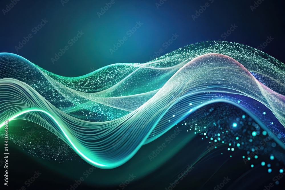 Poster flowing waves of blue and green light dance in a cosmic realm, creating a mesmerizing visual symphon