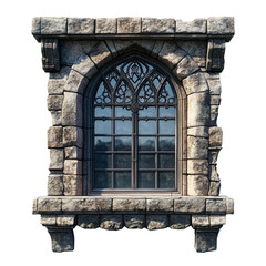 Stone window frame with metal bars, isolated on a transparent background. Rectangular masonry structure with vertical and horizontal iron bars.