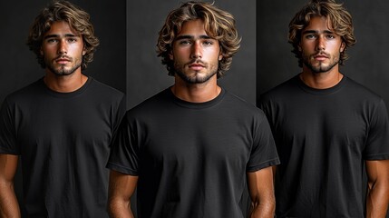 Obraz premium Handsome Man with Curly Hair in Black T-Shirt Portrait