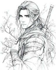 Fototapeta premium A stunning black and white illustration of an elven warrior amidst nature, showcasing intricate details and elegance.