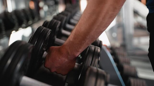 Man picking up dumbbell from rack in gym