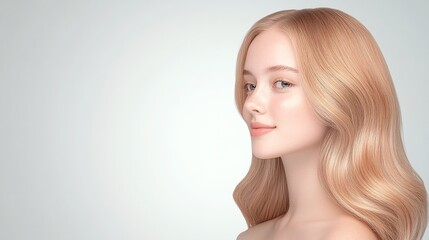Naklejka premium Portrait of woman with long wavy strawberry blonde hair, soft pastel background with glowing skin and elegant hairstyle, minimal fashion beauty concept