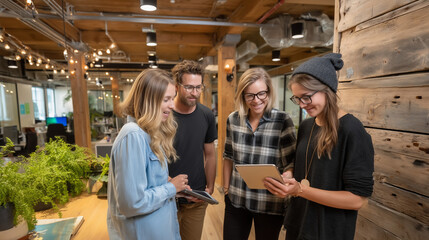  Collaborative team session using a digital tablet for business planning.
