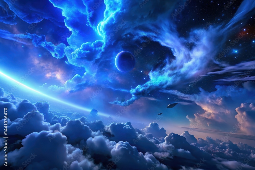 Aufkleber vibrant cosmic clouds swirl above a distant planet in a mesmerizing atmosphere of color and mystery 