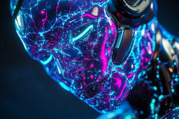 Liquid neon biogel covering the artificial skin of an android, creating the effect of symbiosis of technology and living matter