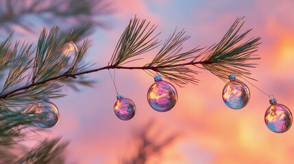 Ornate ornaments on a pine branch at sunset