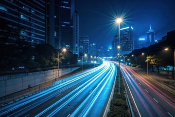Nighttime cityscape showcasing illuminated highway with vibrant light trails and skyscrapers in the backdrop Generative AI
