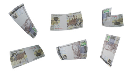 200 Reais Banknote Displayed at Various Angles on Transparent Background – Brazil Money