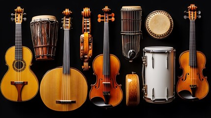 Naklejka premium Diverse musical instruments arranged on a dark background.