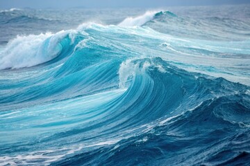 Waves crash onto the shore creating mesmerizing patterns in the turquoise ocean under a cloudy sky at dusk Generative AI
