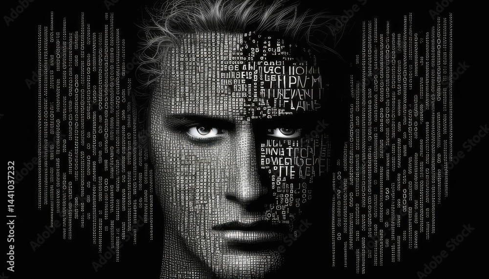 Poster the picture of the human face that has been paint with binary code on the face in the dark room, bin