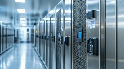 Server room with rows of metal cabinets, blue screen displays