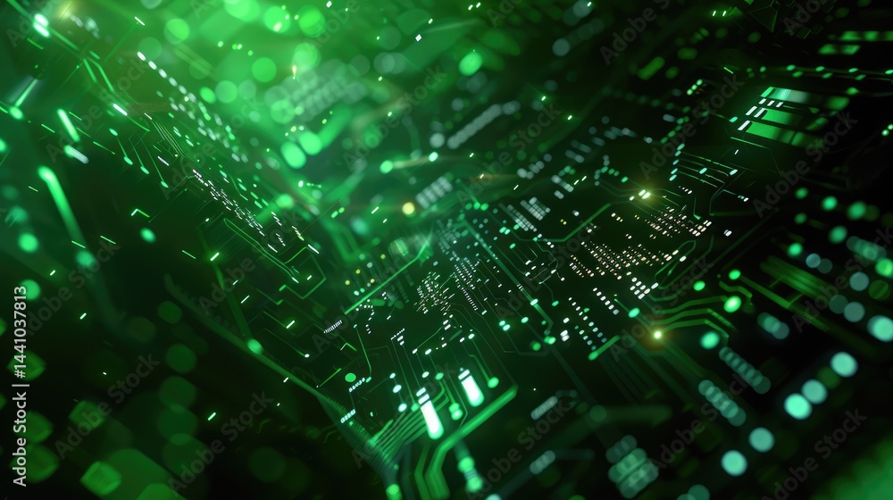 Poster the picture of the green circuit board with technology theme that stands for the connection, mainboa