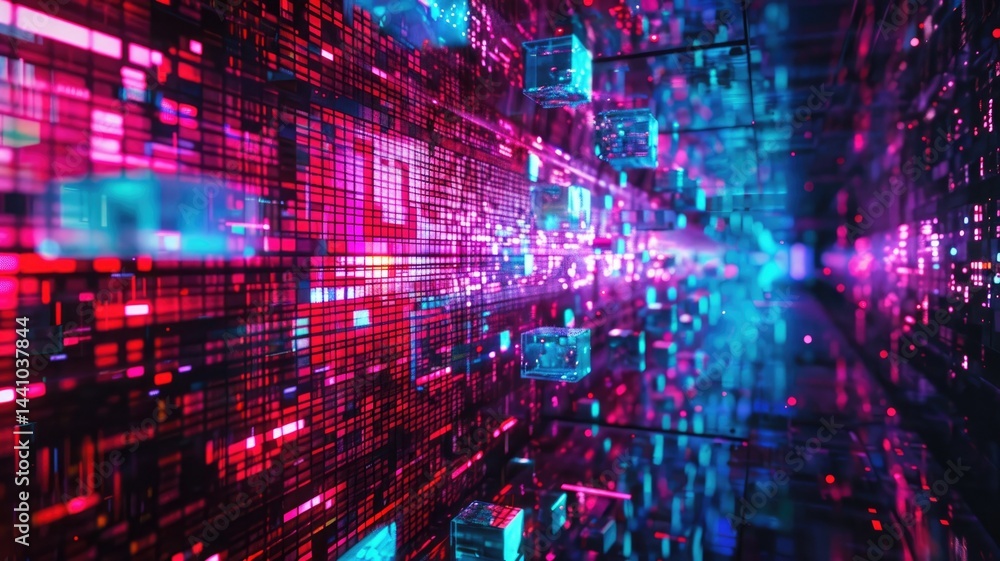 Poster abstract circuit lines in vibrant colors on a dark background. digital artwork of vibrant color glow