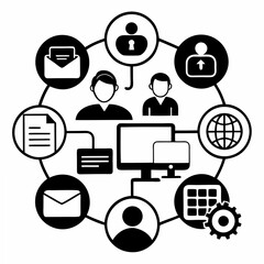 Black And White Illustration Of Interconnected Business And Communication Icons