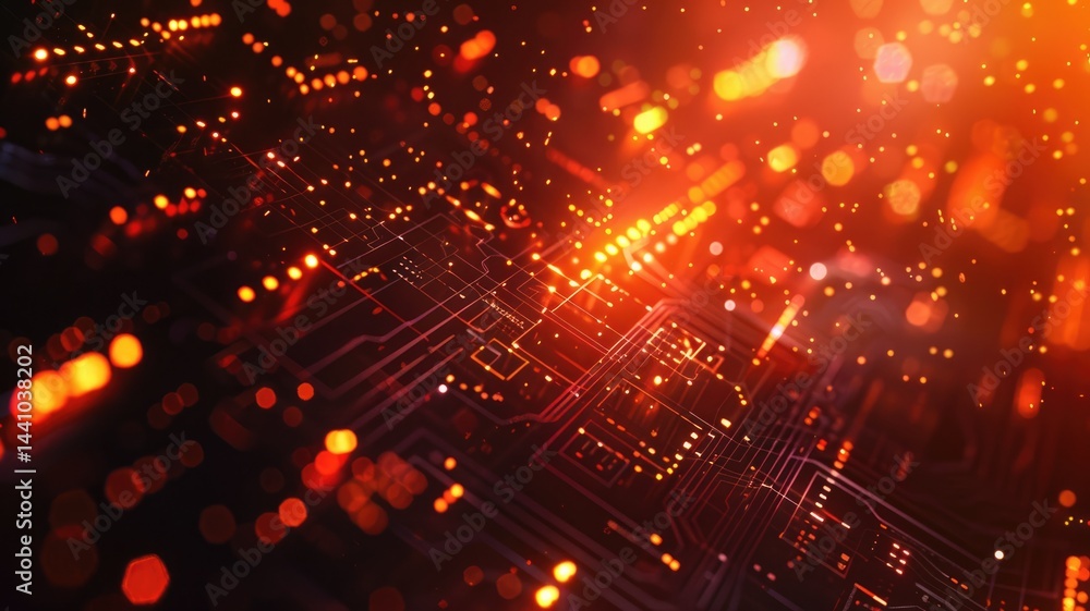 Poster glowing orange circuit board with detailed lines and patterns on a dark background. digital art for 