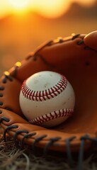 Fototapeta premium A close-up of a well-worn baseball resting in an amber-colored glove, illuminated by a warm sunset glow, capturing the essence of america's favorite pastime.