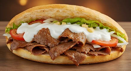 Delicious turkish doner kebab sandwich with fresh vegetables and creamy sauce close up tasty street food
