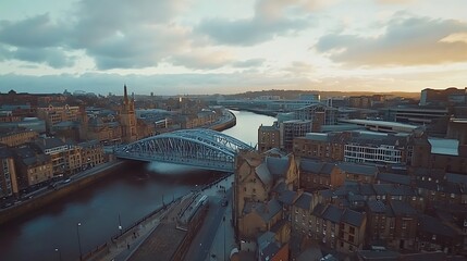 Fototapeta premium Newcastle skyline panoramic view River Tyne historic buildings modern architecture iconic British city landscape image