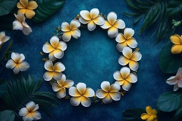 Floral wreath design on a deep blue background.