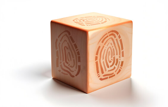 Cubo de madeira 3d polido com desenhos de digitais. Representa&ccedil;&atilde;o da identidade subjetiva e particular de cada individuo