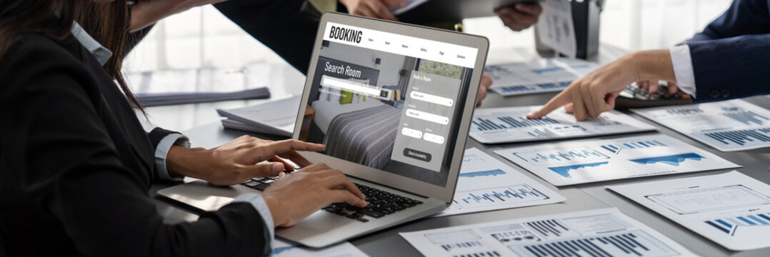 Online hotel accommodation booking website provide brisk reservation system . Travel technology concept .