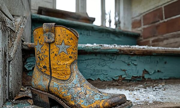 Worn yellow cowboy boot with stars on abandoned stairs, showcasing rustic charm and decay