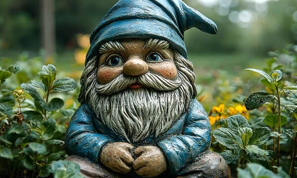 A charming garden gnome with a blue hat sits among vibrant flowers in a peaceful backyard setting