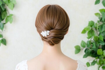Naklejka premium Back view of woman with blonde low bun and single white floral hairpin, surrounded by soft greenery, minimalist and natural hairstyle perfect for formal spring occasions