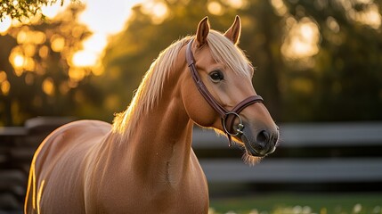 Obraz premium Golden Palomino Horse Portrait Sunset Meadow Beautiful Equestrian Photography Stunning Animal Image Elegant Horse Headshot Warm Golden Light Rural Scene Peaceful Farm Animal Purebred Horse Elegant 