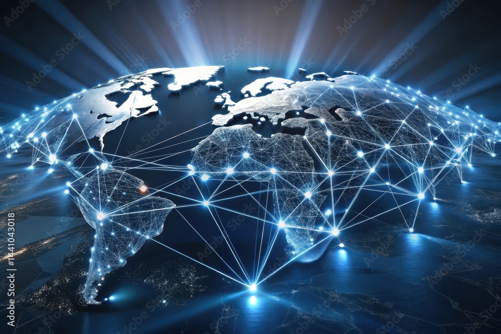 Poster connecting continents through network nodes and glowing paths in a digital world of endless communic
