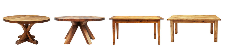 Fototapeta premium Collection of wooden round and rectangular tables with rustic finishes, isolated on a transparent background.