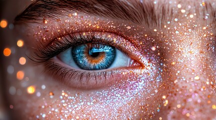 Sparkling eye. Close view of eye surrounded by glitter