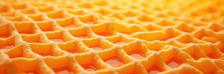 Close-up view of a vibrant orange honeycomb, showcasing its intricate hexagonal structure and natural texture, perfect for food-related or nature-themed projects.