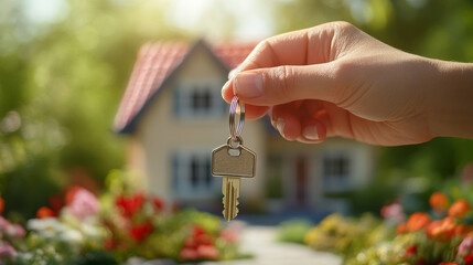 Focused image of a real estate agent handing house keys to clients, featuring a keychain, with space for text