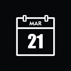 calender icon, 21 march icon with black background	