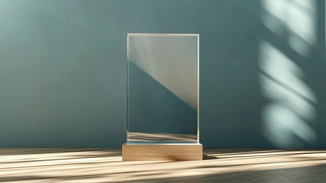 A stunning image of empty acrylic award design mockup, blank glass trophy mockup. Template for a transparent crystal prize plate.