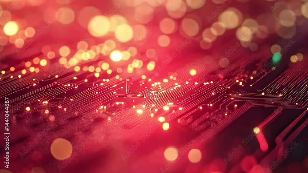 Poster close-up of circuit board with red light and bokeh