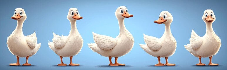 A cartoon character set showcasing white geese or ducks in different poses, like swimming or diving, and also resting or slipping, with one holding a knife, along with adorable baby yellow ducklings