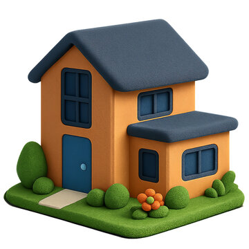 Orange Felt Texture House Icon with Garden 3D