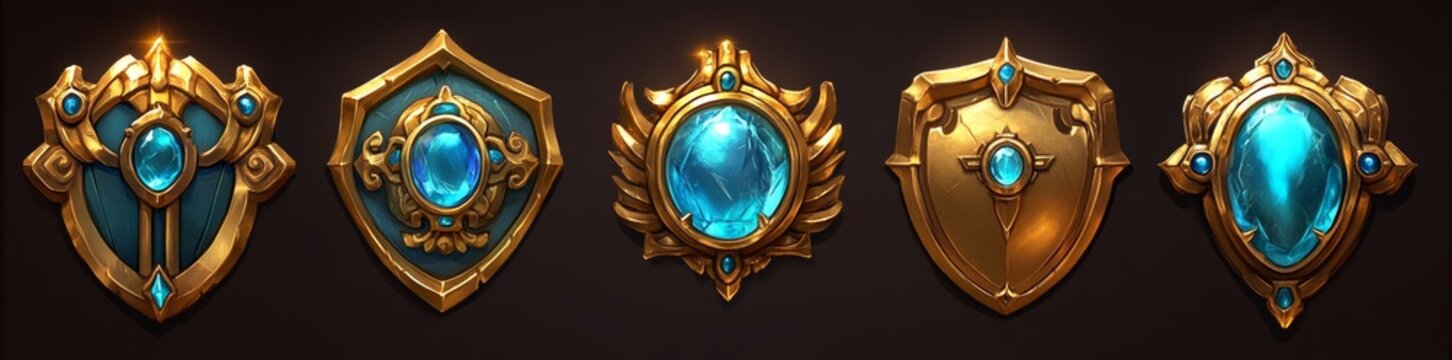 Level badges in the game progress from basic to complex, with the shield shape evolving into a regal emblem complete with wings, crystals, ribbons, and a crown, and are complemented by a series of