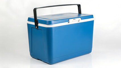 A blue cooler with a sturdy handle stands on a clean white background on transparent background