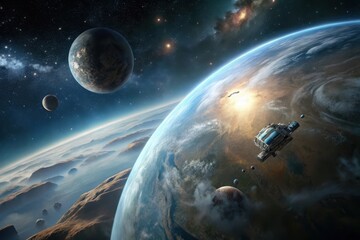 Exploring distant galaxies with spacecraft gliding past planets and cosmic landscapes in the vastness of space Generative AI