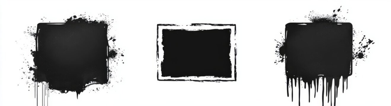 Street art design elements, including black graffiti shapes with dripping paint, overspray textures, and splatter effects, are set against a white background and framed by stencil spray borders,