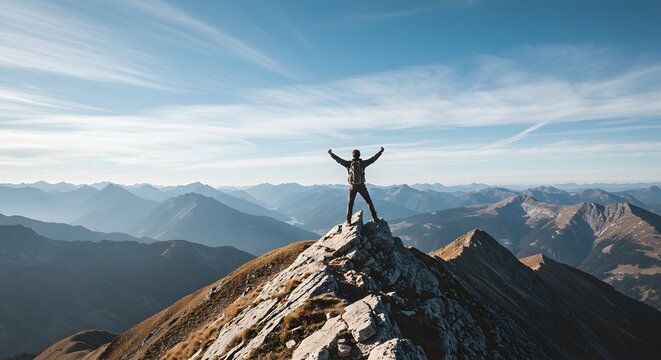 Man celebrating reaching mountain peak success hiker on top achievement outdoor adventure travel challenge