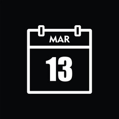 calender icon, 13 march icon with black background	